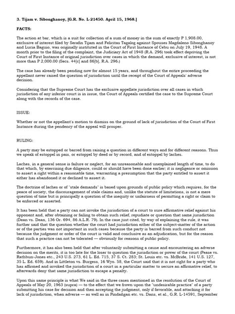 Read Case Digests for Tijam vs. Sibonghanoy .